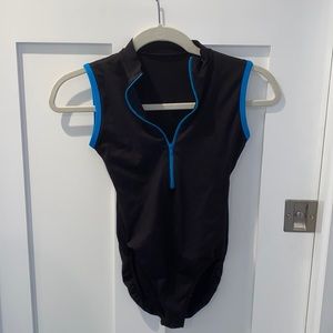 Black mock-neck leotard, blue front zipper and accent, Eurotard women small